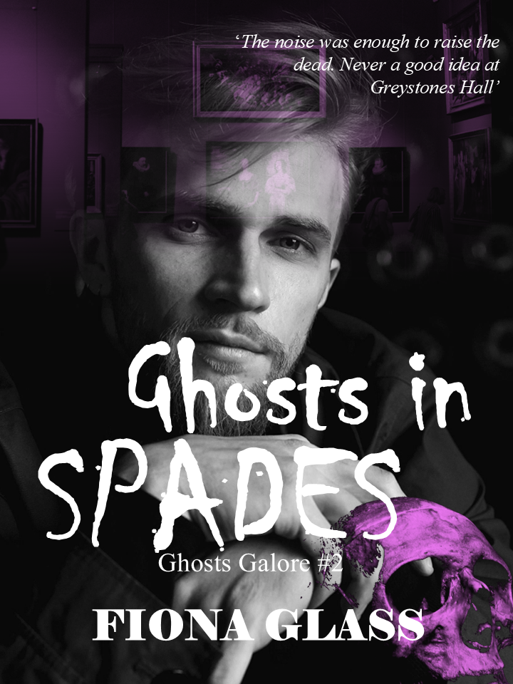 young man in thoughtful pose against a picture gallery background with a skull bottom right